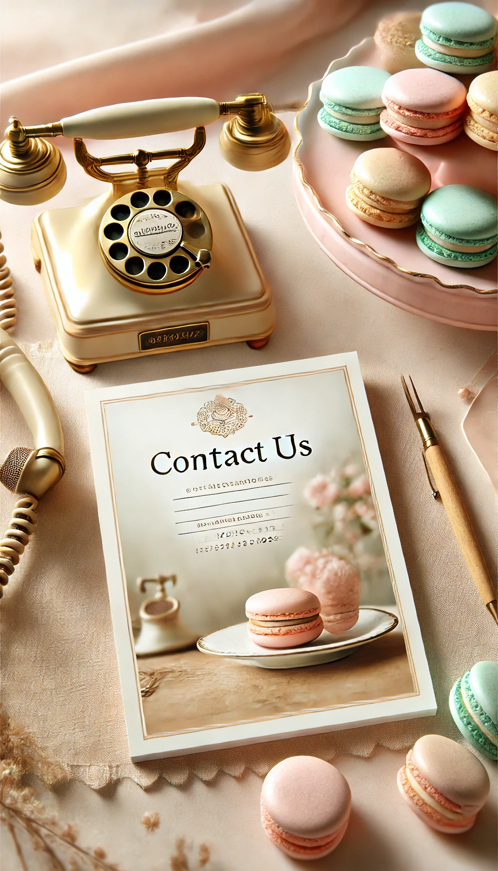 A Contact Us card beside a vintage telephone and a plate of pastel macarons